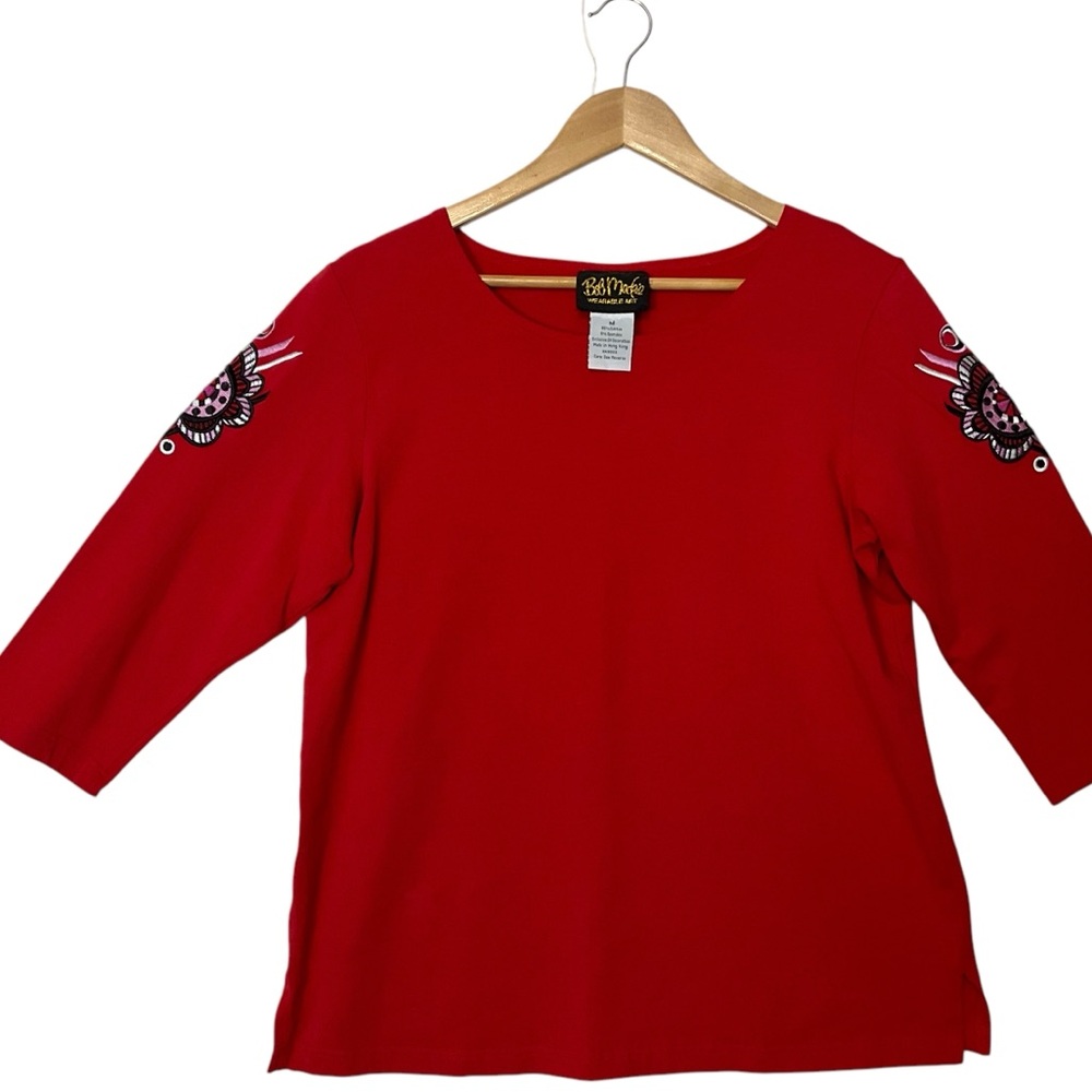 BOB MACKE sz Medium Pullover Blouse Rounded Neck Half Sleeves Embroidery Red +